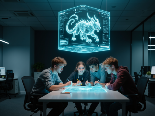 电竞团队工作场景，多人围坐讨论，电脑屏幕显示游戏画面，现代化办公环境