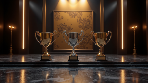 DOTA2国际邀请赛奖杯展示，金色奖杯特写，舞台灯光效果